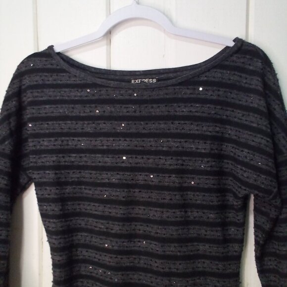 Express Dress Women S 3/4 Sleeve Sparkle Lined Black Gray - Picture 4 of 15